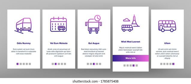 Bus Trip And Travel Onboarding Mobile App Page Screen Vector. Bus Trip Calendar Date And Ticket, Fast Passenger Transport Minivan With Luggage Illustrations