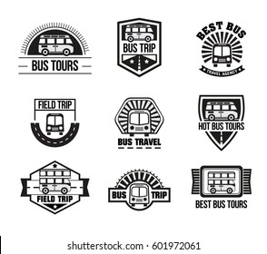 Bus trip and travel tour badge logo collection for traffic service tourism, black emblem set, vector flat style illustration isolated on white background, different shapes