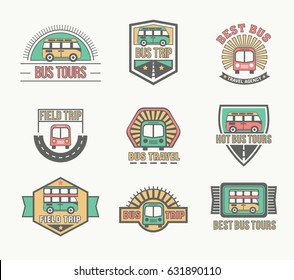 Bus Trip And Travel Tour Badge Logo Collection For Traffic Service Tourism, Color Emblem Set, Vector Flat Style Illustration Isolated, Different Shapes