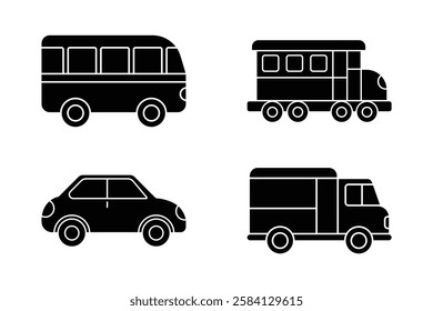 bus, truck, car, train Transportation Vector Silhouette on White Background. Minimalistic, Clean Design for Travel, Transit, and Urban Apps. Fully scalable and customizable for print and digital.