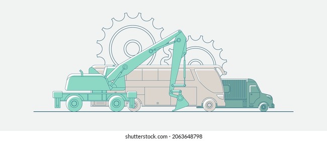 Bus, Truck, Excavator Icon With Gears. Car Service And Repair Construction Machinery. Vector Illustration, EPS 10