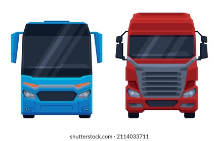 Bus and Truck Urban Transport and Road Traffic Front View Vector Set