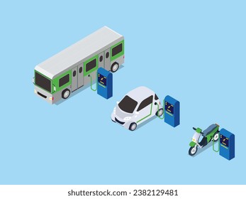 Bus, truck, van, motorcycle, business vehicles on charger stations isometric 3d vector illustration concept