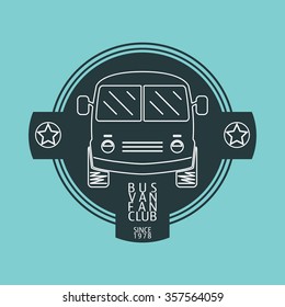 Bus van fan club logo template. Vintage bus for insignia, labels, emblems, badges, design elements. Line designed bus, minibus, van, minivan, wagon front view Vector illustration