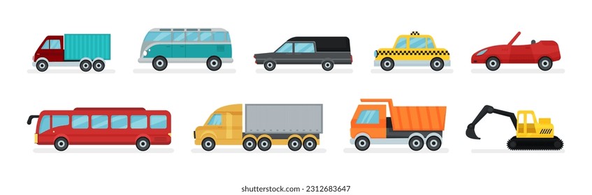 Bus, Van, Taxi, Cabriolet, Truck and Excavator as Cars and Wheeled Motor Vehicle Vector Set