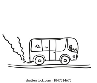 Busvektordoodle, öffentlicher Verkehr mit Rauchwolke, handgezeichnete Illustration, Luftverschmutzung durch Stadtverkehr