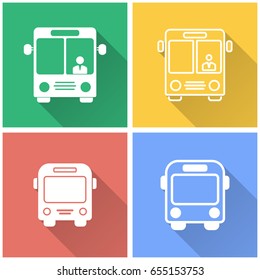 Bus vector icon with long shadow. White illustration isolated on color background for graphic and web design.