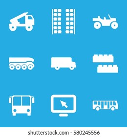 bus vector icons. Set of 9 bus filled icons such as plane seats, child building kit, truck rocket, weapon truck