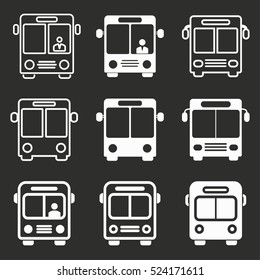 Bus vector icons set. White illustration isolated on black background for graphic and web design.
