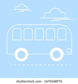 Bus Vector Line Icon, simple linear drawing on a blue background, Transport. Way to travel
