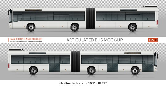 Bus vector mock-up. Isolated template of realistic city transport on transparent background, side view. Vehicle branding mockup. All elements in the groups on separate layers. Easy to edit and recolor