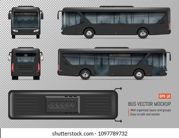 Bus vector mockup. Isolated template of city transport on transparent background for vehicle branding, corporate identity. View from left, right, front, back, top sides.