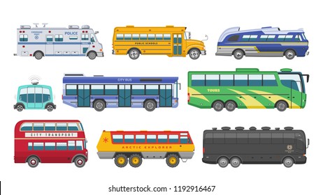 Bus vector public transport tour or city vehicle transporting passengers schoolbus police and transportable car illustration transportation set isolated on white background