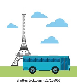 bus vehicle and eiffel tower icon. colorful design. vector illustration