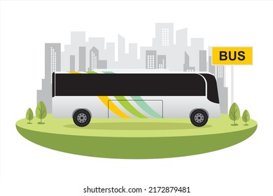 Bus vehicle. Illustration of a bus with an urban background. Skyscraper building