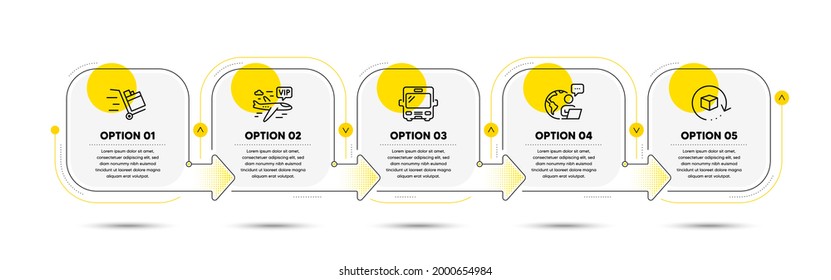 Bus, Vip flight and Push cart line icons set. Timeline process flowchart. Return package sign. Tourism transport, Charter airplane, Express delivery. Exchange goods. Transportation set. Vector