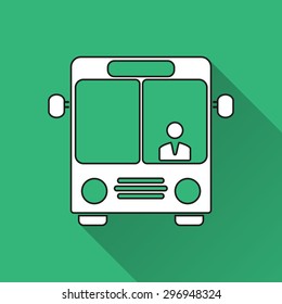 Bus - white icon with a long shadow on a green background. Vector illustration.