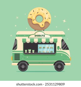 Bus wich sells donuts on green background. Food truck. Vector illustration.  Flat design.