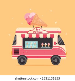 Bus wich sells ice cream on yellow background. Food truck. Vector illustration.