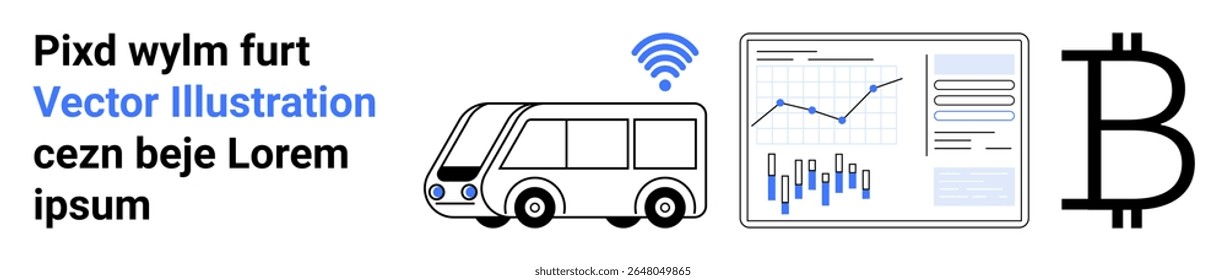 Barramento com símbolo sem fio, gráfico de análise de dados, grande símbolo Bitcoin. Ideal para transporte, tecnologia, conectividade sem fio, análise de dados, criptomoeda, negócios modernos, digital