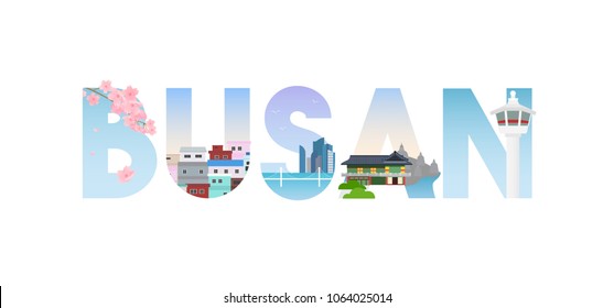 Busan banner vector illustration. Beautiful attractions of Busan inside text. Travel Korea concept.