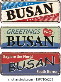 Busan blue square grunge welcome to rusty metal signs set