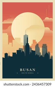 Cartel de brutalismo de la ciudad de Busan con horizonte abstracto, paisaje urbano retro ilustración vectorial. Corea del Sur portada de viaje, folleto, folleto, folleto, plantilla de presentación de negocios imagen