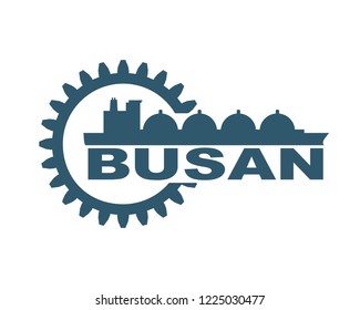 Busan city name in gear and sea ship silhouette.