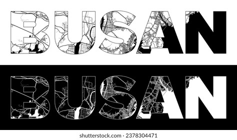 Busan City Name (South Korea, Asia) with black white city map illustration vector