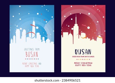 Busan city poster with Christmas skyline, cityscape, landmarks. Winter South Korea holiday, New Year vertical vector layout for brochure, website, flyer, leaflet, card