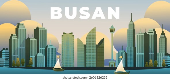 Busan city south Korea flat illustration landscape