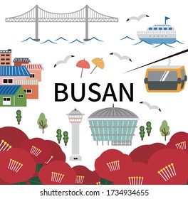 Busan City Vector Illustration and Camellia Flower Illustration in Korea