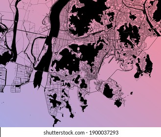 Busan, Korea, South (KOR) - Urban vector megacity map with parks, rail and roads, highways, minimalist town plan design poster, city center, downtown, transit network, gradient blueprint