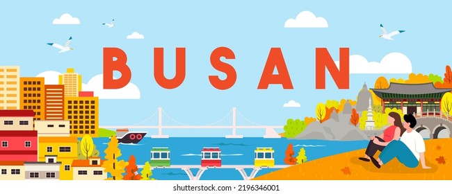 Busan landscape banner vector illustration. Autumn scenery in Busan