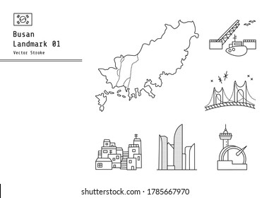 Busan, a large port city in Korea. These are maps of Busan, Yeongdo Bridge, Gwangan Bridge, Marine City, Gamcheon Culture Village, and Taejongdae Illustrations.