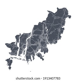 Busan map. Detailed vector map of Busan city administrative area. Cityscape poster metropolitan aria view. Dark land with white streets, roads and avenues. White background.