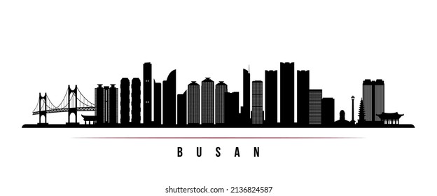 Busan skyline horizontal banner. Black and white silhouette of Busan, South Korea. Vector template for your design. 