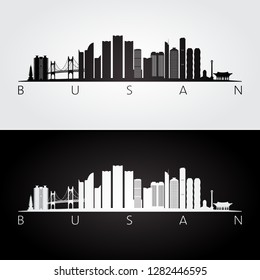 Busan skyline and landmarks silhouette, black and white design, vector illustration.