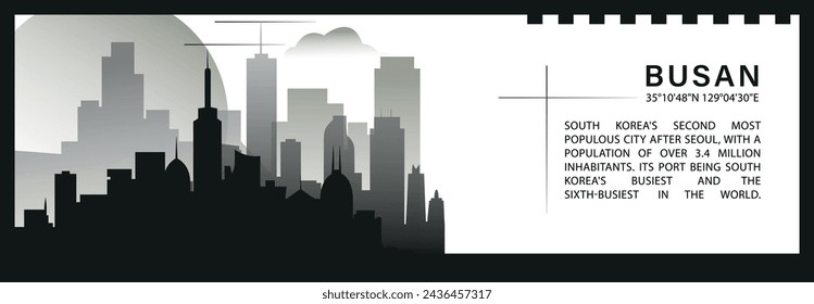 Busan skyline vector banner, black and white minimalistic cityscape silhouette. South Korea city horizontal graphic, travel infographic, monochrome layout for website	