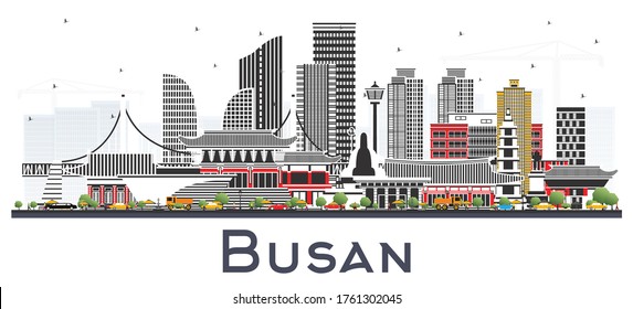 Busan South Korea City Skyline with Color Buildings Isolated on White. Vector Illustration. Tourism Concept with Historic and Modern Architecture. Busan Cityscape with Landmarks.
