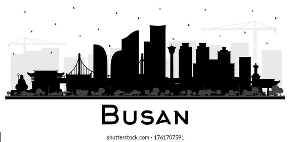 Silhouette Busan en el Skyline de la ciudad de Corea del Sur con edificios negros aislados en blanco. Ilustración vectorial. Concepto de turismo con arquitectura histórica y moderna. Paisaje urbano de Busan con monumentos.