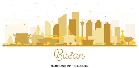 Busan South Korea City Skyline Silhouette with Golden Buildings Isolated on White. Vector Illustration. Tourism Concept with Historic and Modern Architecture. Busan Cityscape with Landmarks.