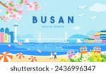 Busan, South Korea poster vector illustration. Beautiful Busan landscape in spring season