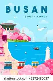 Busan South Korea Poster vector illustration. Beautiful Busan in spring landscape. Cherry Blossom festival