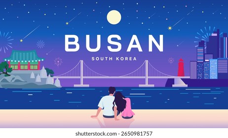 Busan, Coreia do Sul ilustração vetor cartaz. Bela noite de Busan e um casal se apoiando um no outro