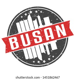 Busan South Korea Round Travel Stamp. Icon Skyline City Design. Seal Tourism Ribbon.