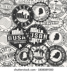 Busan, South Korea Set of Stamps. Travel Passport Stamps Pattern. Made In Product. Design Seals in Old Style Insignia Seamless. Icon Clip Art Vector Collection.