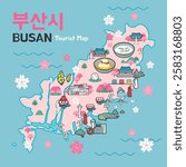 Busan Tourist Map Vector illustration. Beautiful Busan attraction in Cherry blossom season. Korean Translation: " Busan "