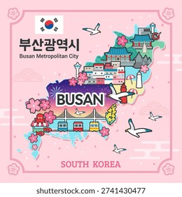 Busan Tourist Map Vector illustration. Tourist attractions on the Busan city map.Korean Translation: " Busan Metropolitan City "