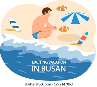 Busan tourist travel poster with male character, beach and ocean. Summer activities on coast, exciting vacation, modern resort in South Korea. Man rests and spends time on sandy beach in Busan